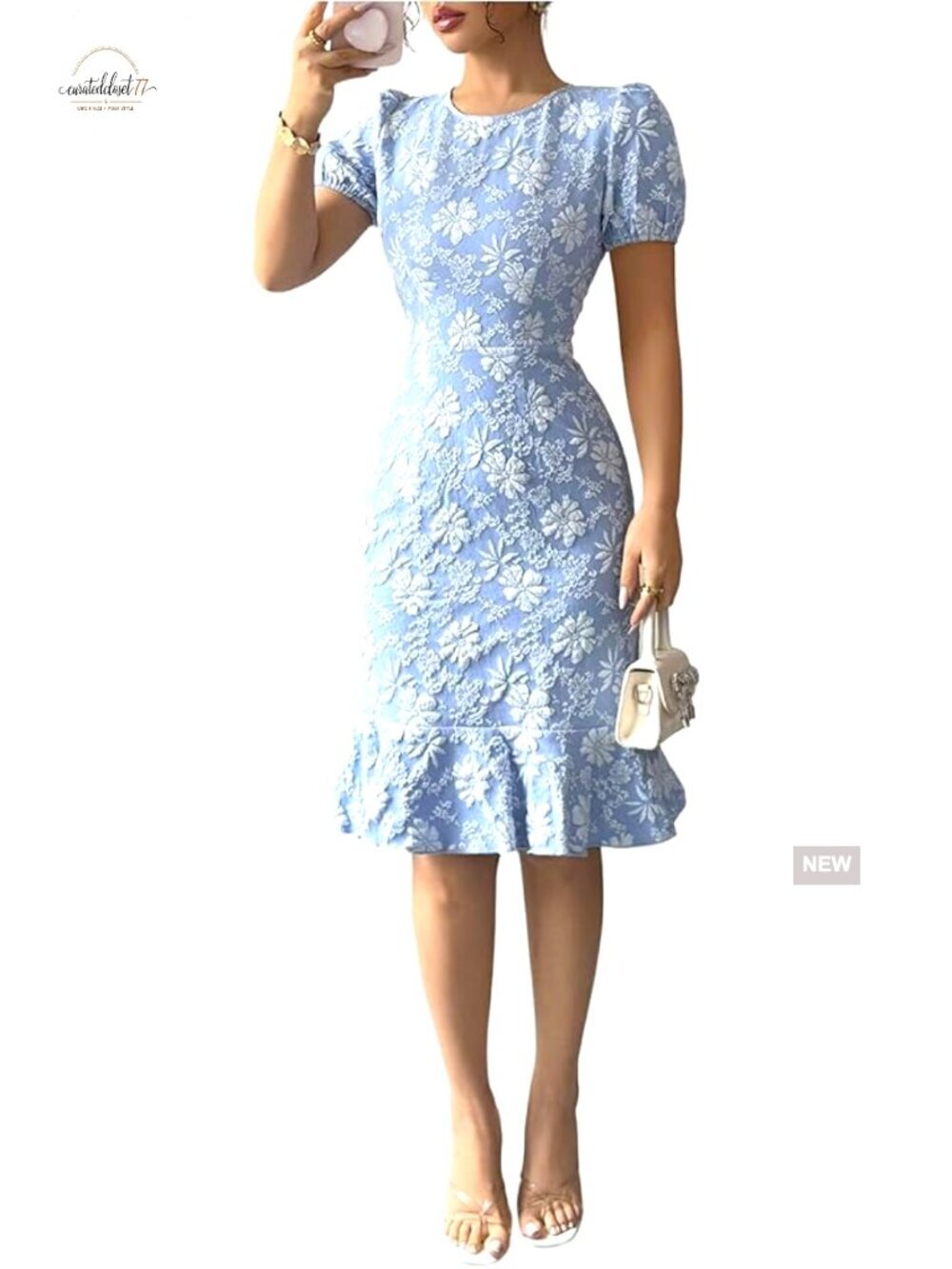 Puff Sleeve Ruffle Dress Jacquard Bodycon Knee Length Club Night Out